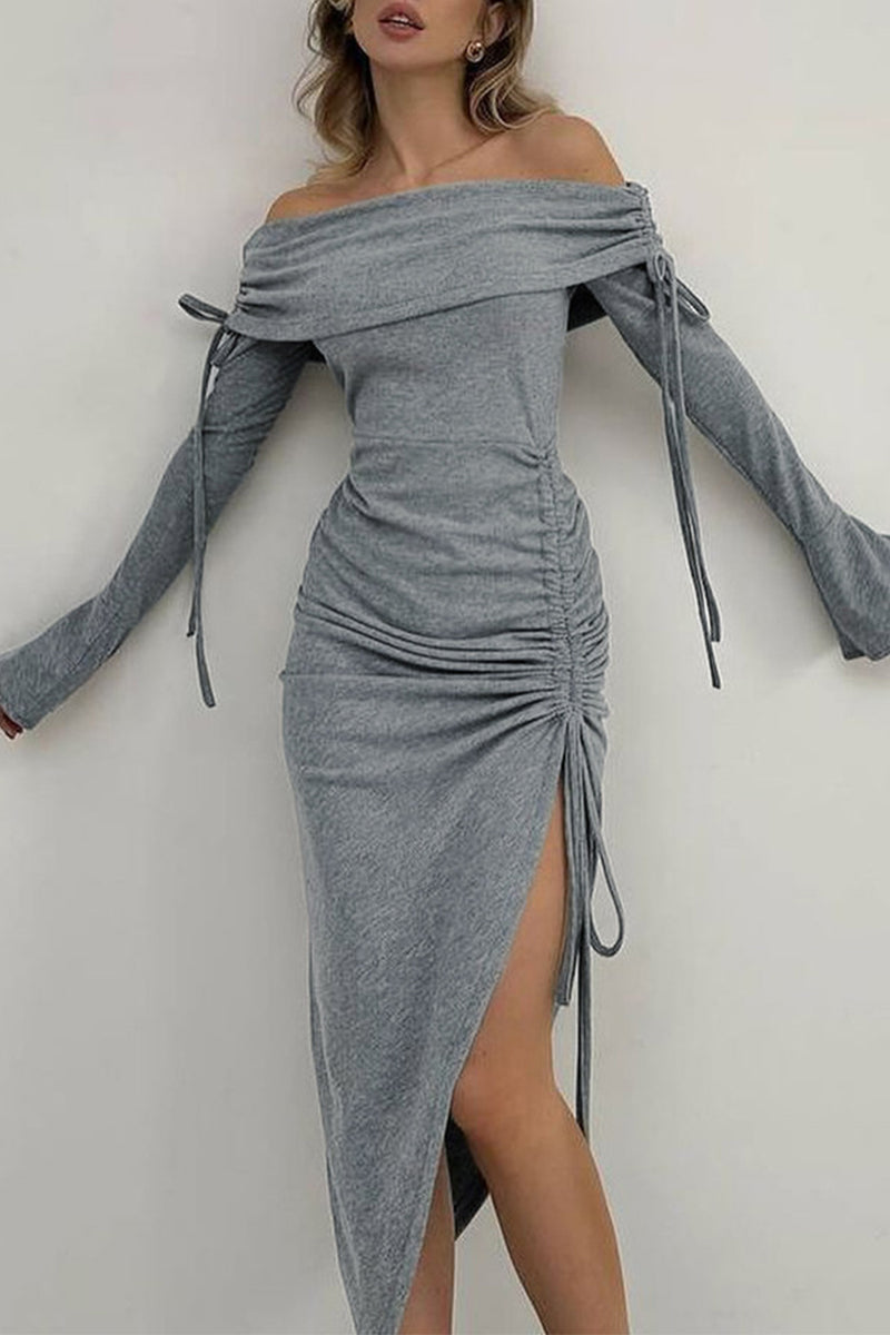 Sexy Solid Color Draw String Off Shoulder Wrapped Skirt Dresses