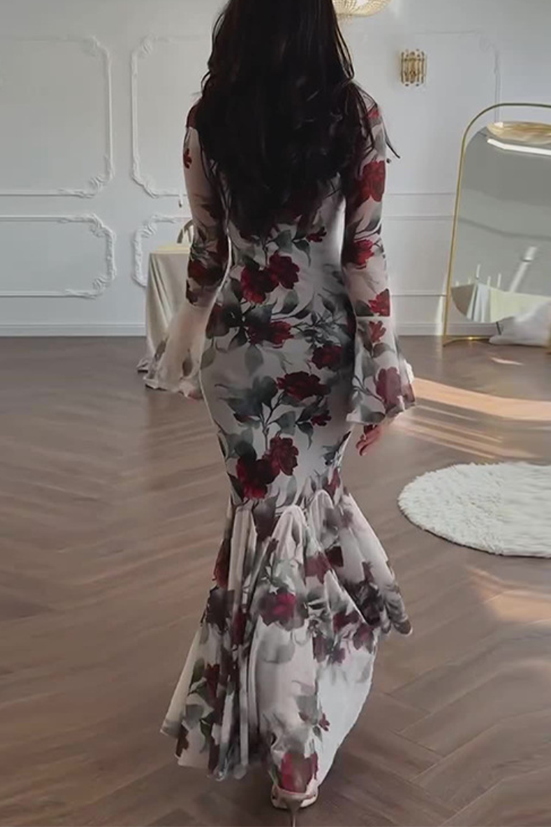 Elegant Flowers Print Patchwork Fishtail Square Neck Wrapped Skirt Dresses