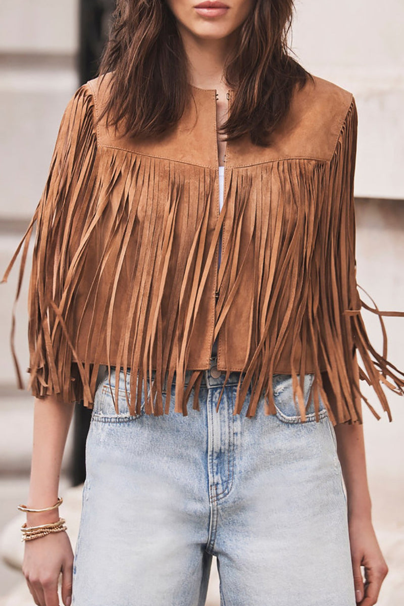 Casual Street Solid Color Fringed Trim O Neck Waistcoats