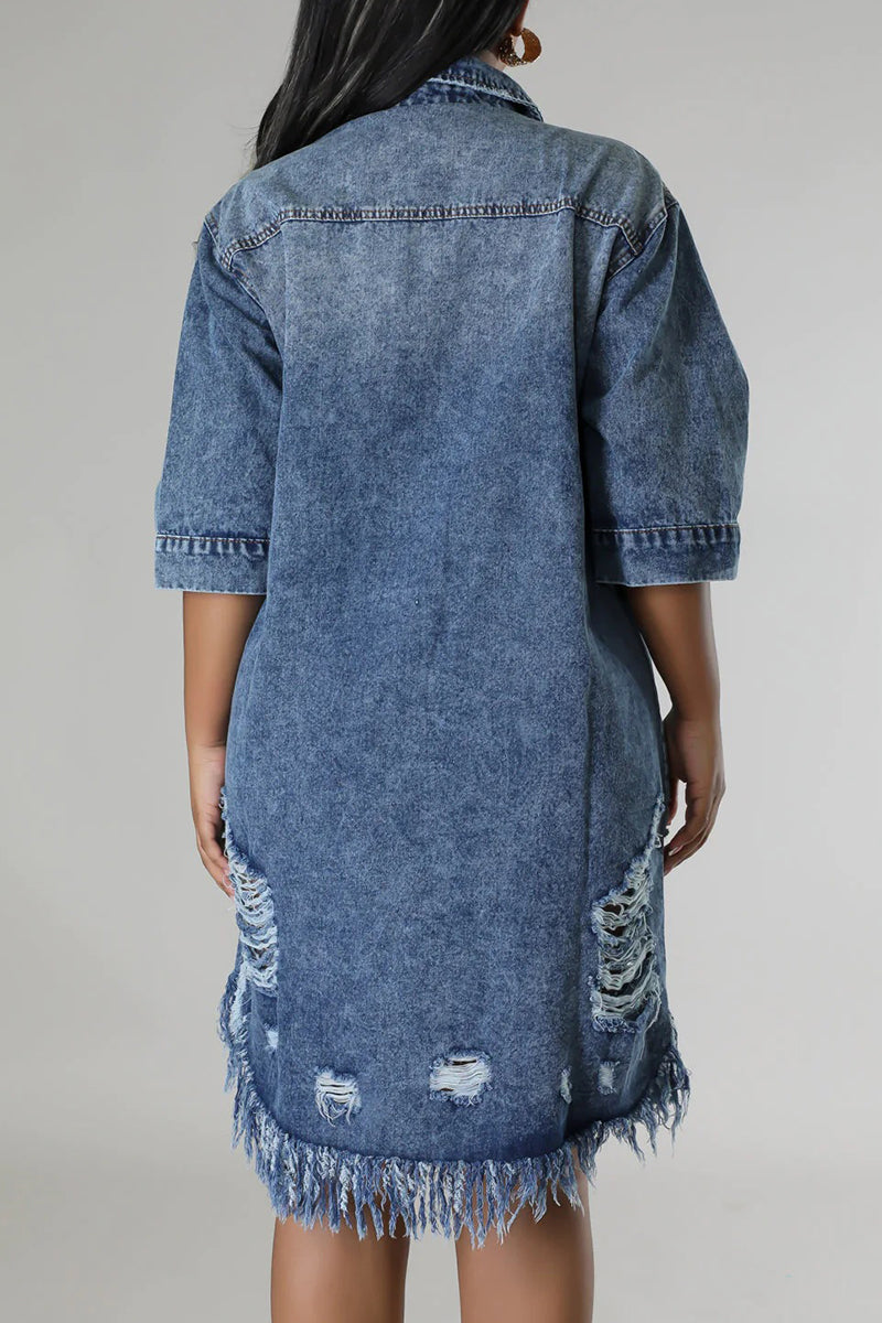 Street Fringed Trim Ripped Pocket Buckle Patchwork Turndown Collar Three Quarter Loose Denim Dresses