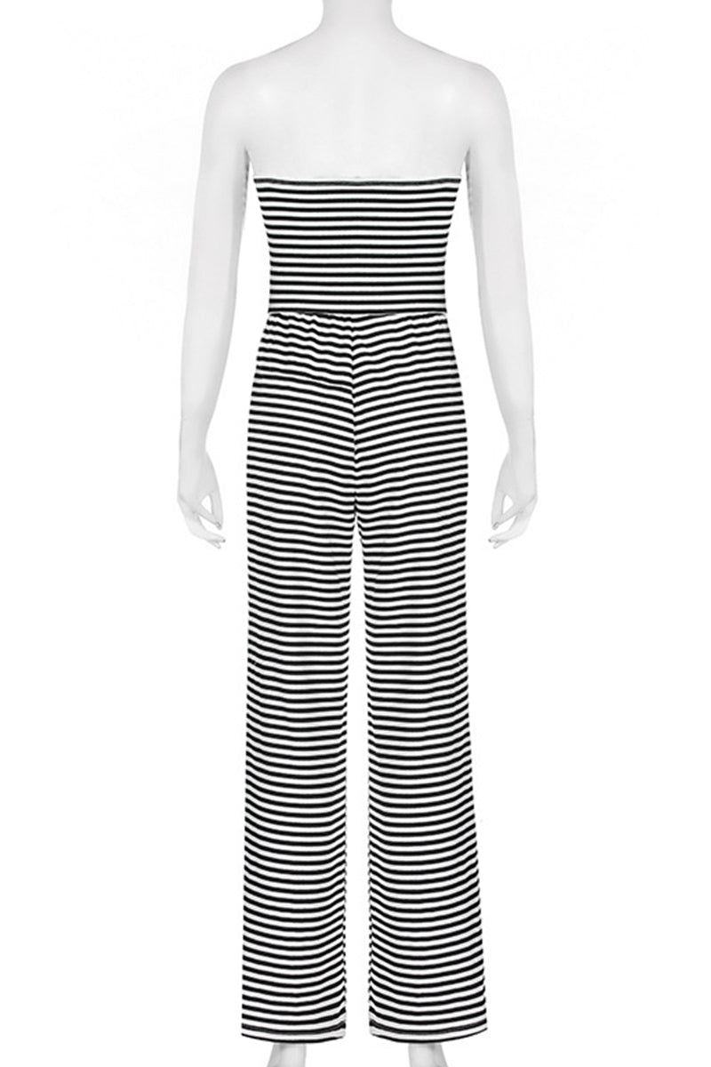 Casual Stripe Patchwork Backless Strap Design Strapless Loose Jumpsuits