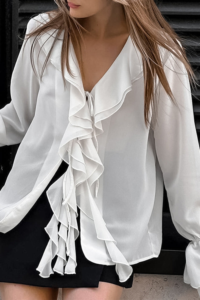 Elegant Solid Color Ruffle V Neck Blouses