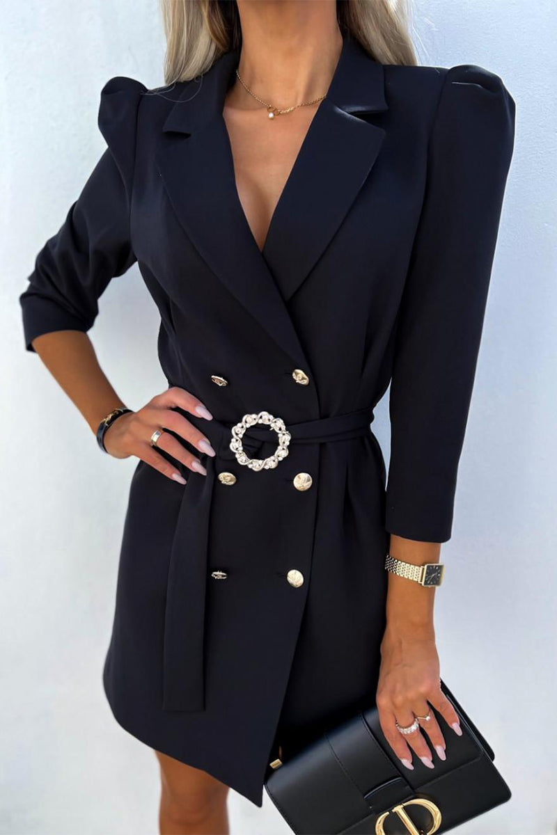 Elegant Buttons With Belt Turn-back Collar Shirt Dresses