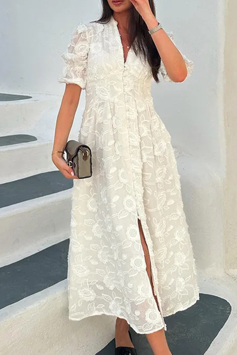 Casual Vacation Jacquard Buckle V Neck A Line Dresses