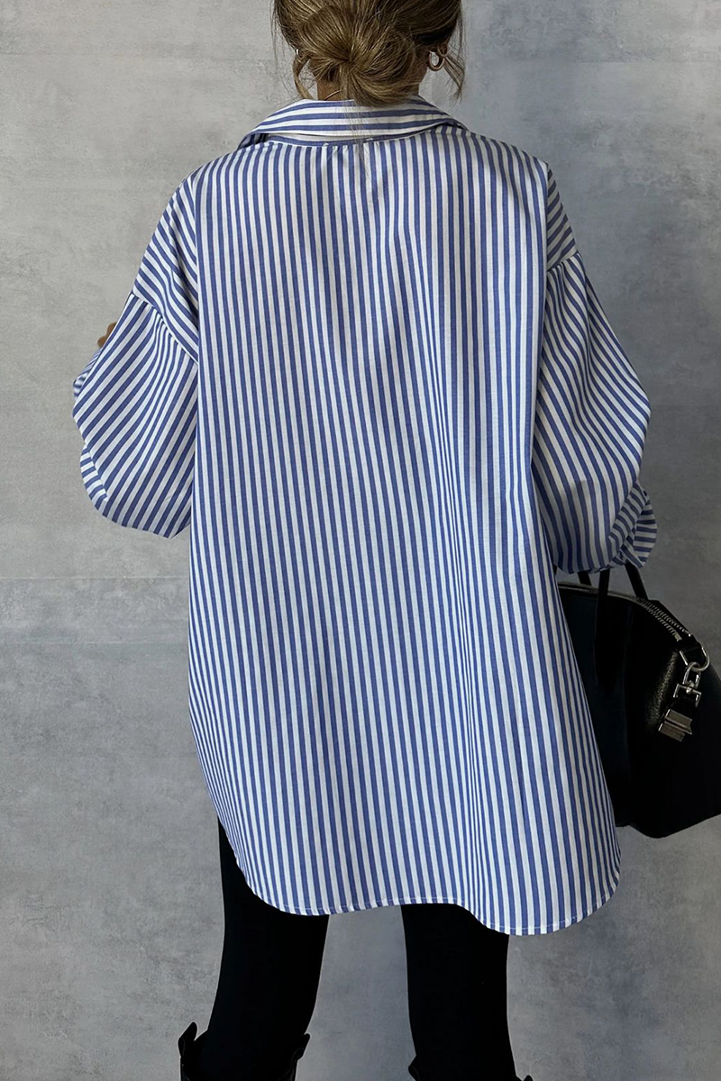 Casual Stripe Buttons Turndown Collar Blouses