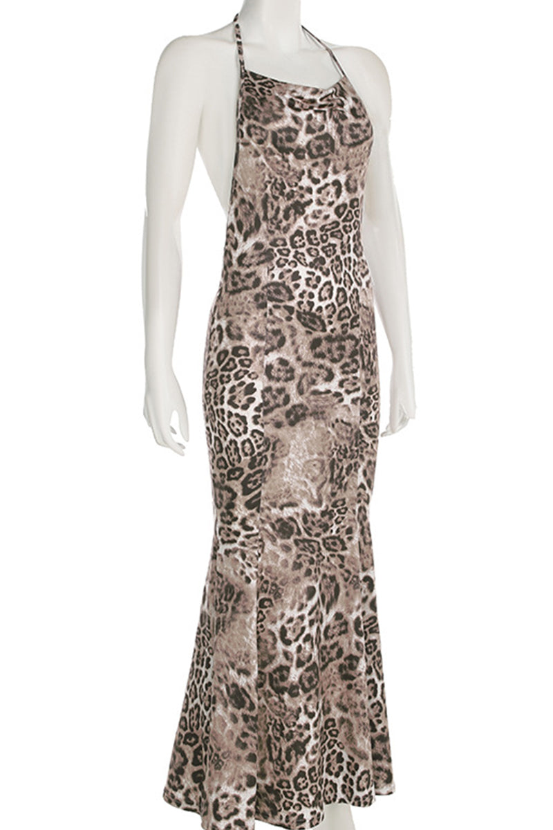 Elegant Leopard Print Patchwork Backless Strap Design Halter Long Dresses