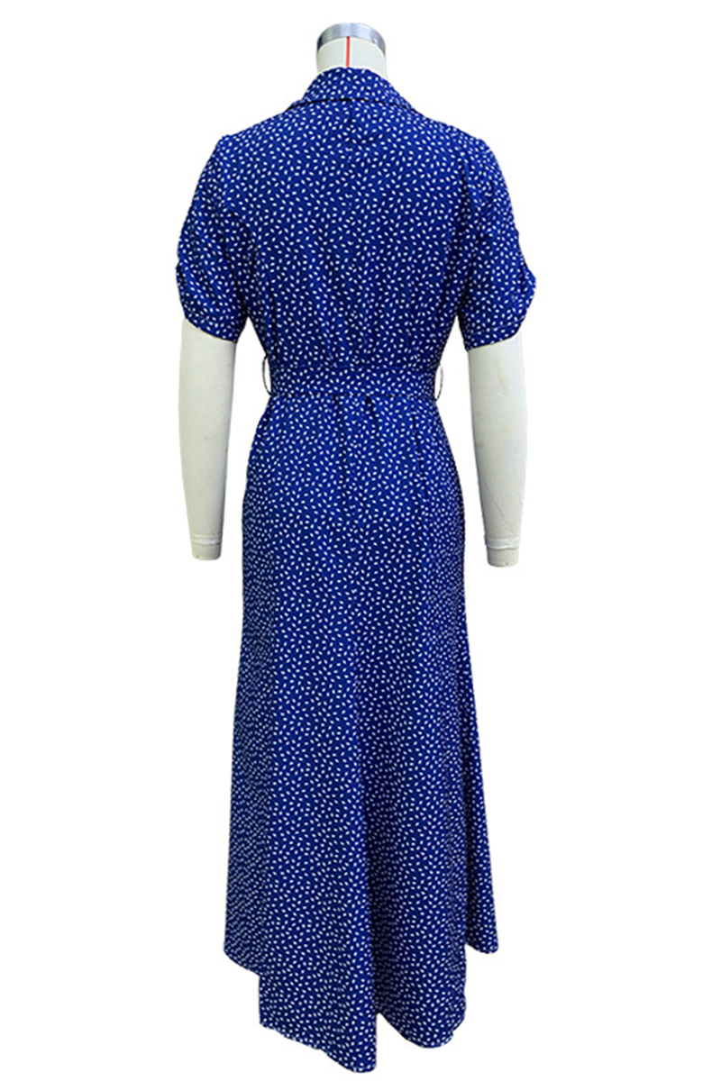 Elegant Polka Dot Lace Up Buckle Turndown Collar A Line Short Sleeve Dress