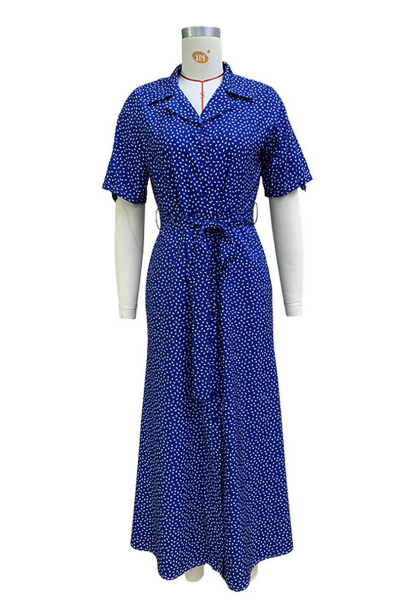 Elegant Polka Dot Lace Up Buckle Turndown Collar A Line Short Sleeve Dress