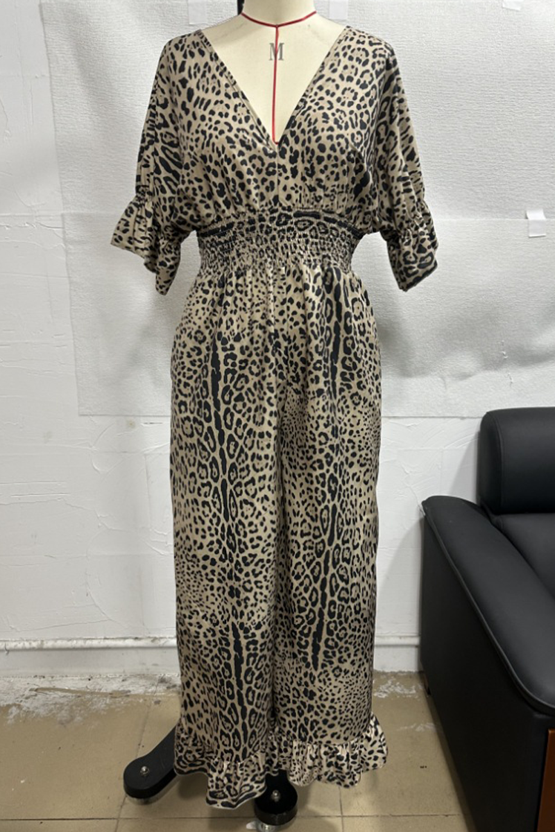 Casual Leopard Contrast V Neck Loose Jumpsuits(4 Colors)