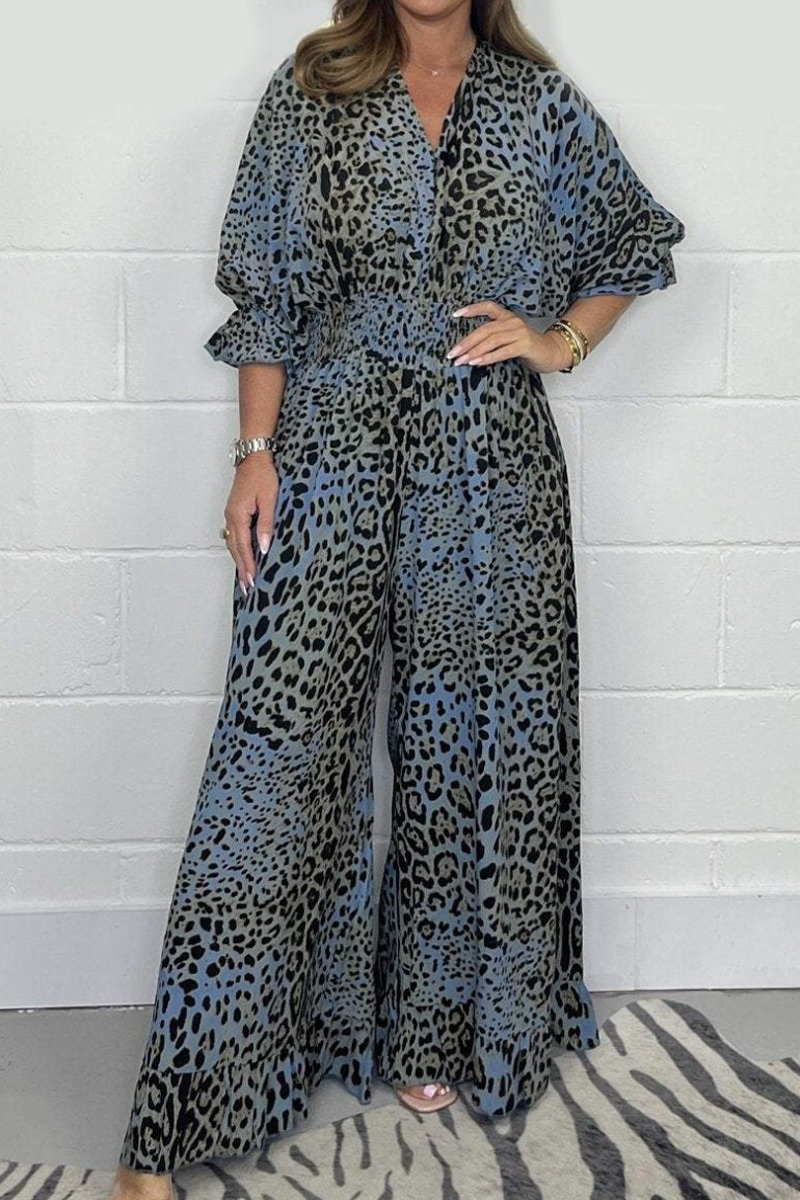 Casual Leopard Contrast V Neck Loose Jumpsuits(4 Colors)