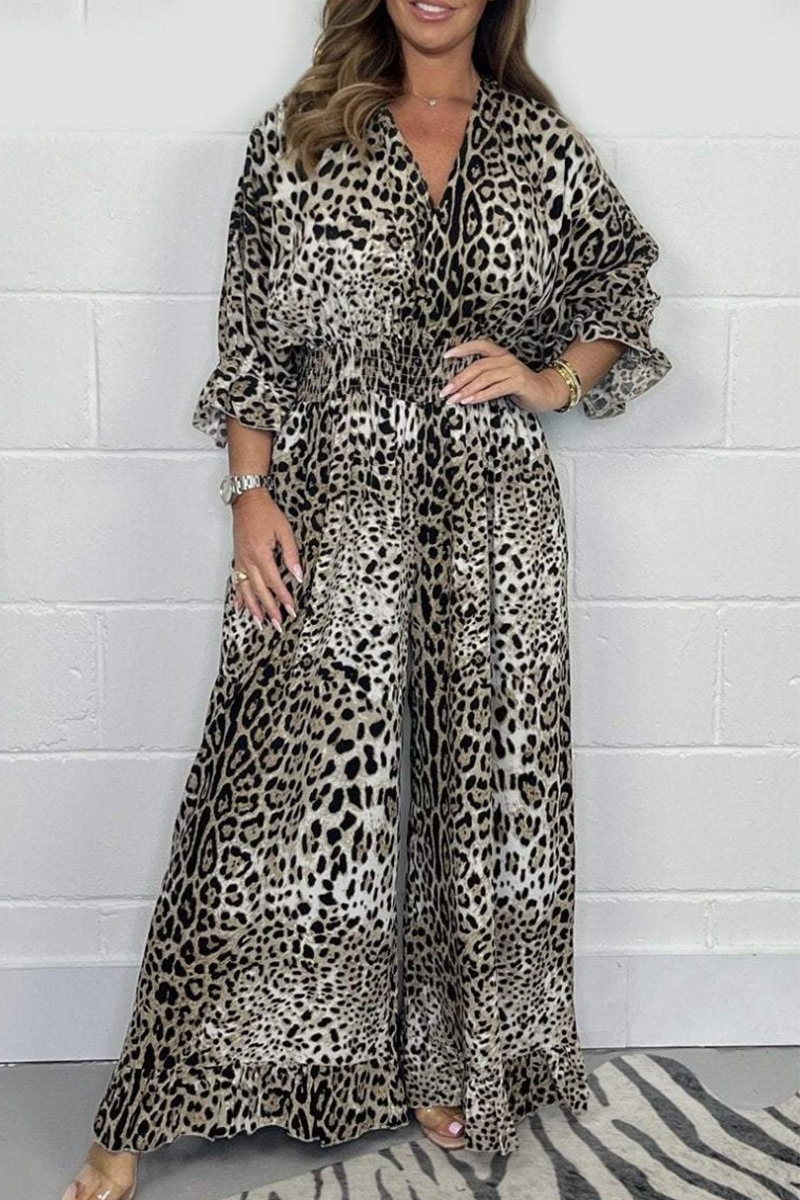 Casual Leopard Contrast V Neck Loose Jumpsuits(4 Colors)