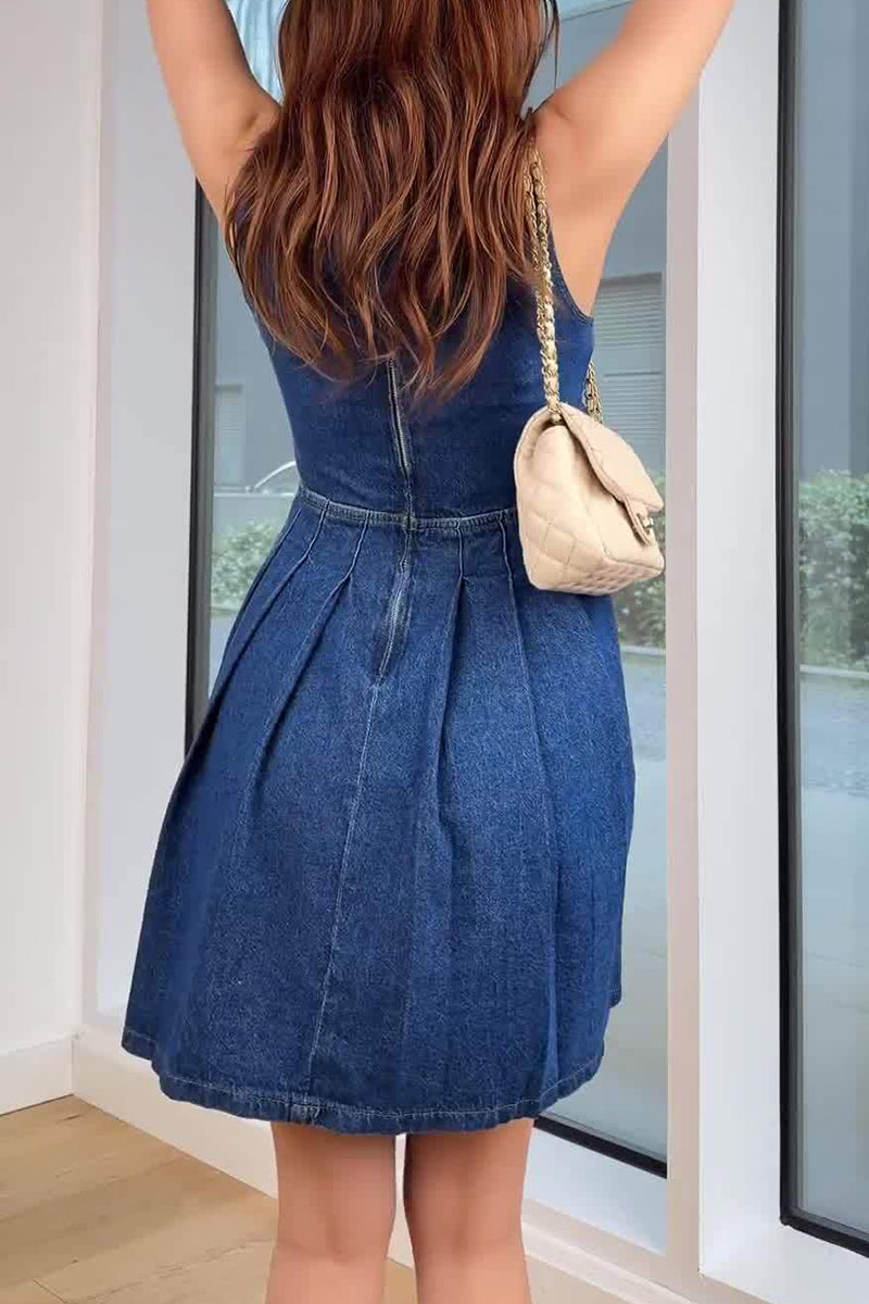 Casual Hollow Out Ruched Zipper O Neck Sleeveless Denim Dresses