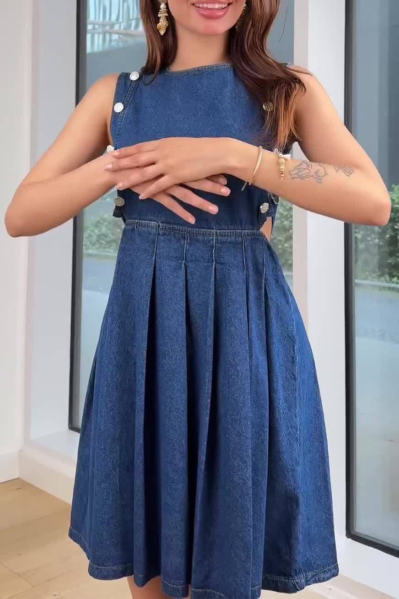 Casual Hollow Out Ruched Zipper O Neck Sleeveless Denim Dresses