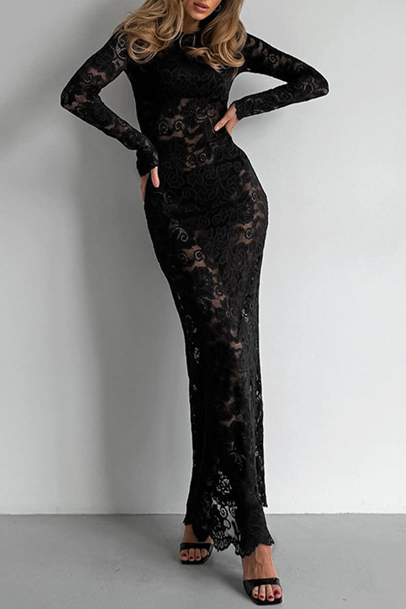 Sexy Lace See-Through O Neck Lace Dress Dresses