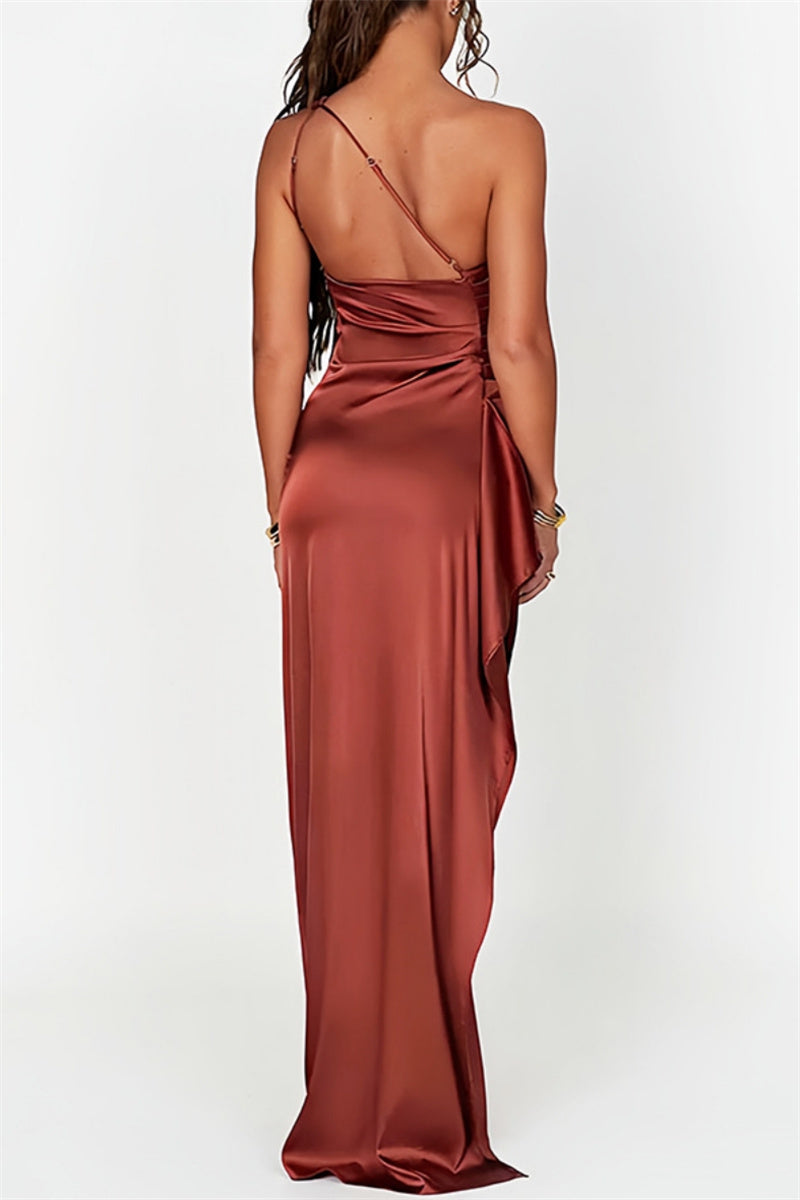 Sexy Party Formal Backless Slit Ruched Oblique Collar Long Dresses(11 Colors)