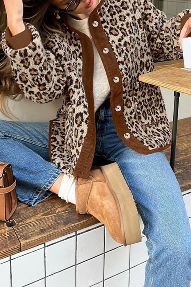 Casual Leopard Pocket Buttons Patchwork O Neck Outerwear