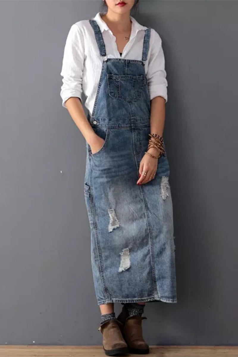 Casual Ripped Pocket Backless Slit Spaghetti Strap SleevelessDenim Dresses