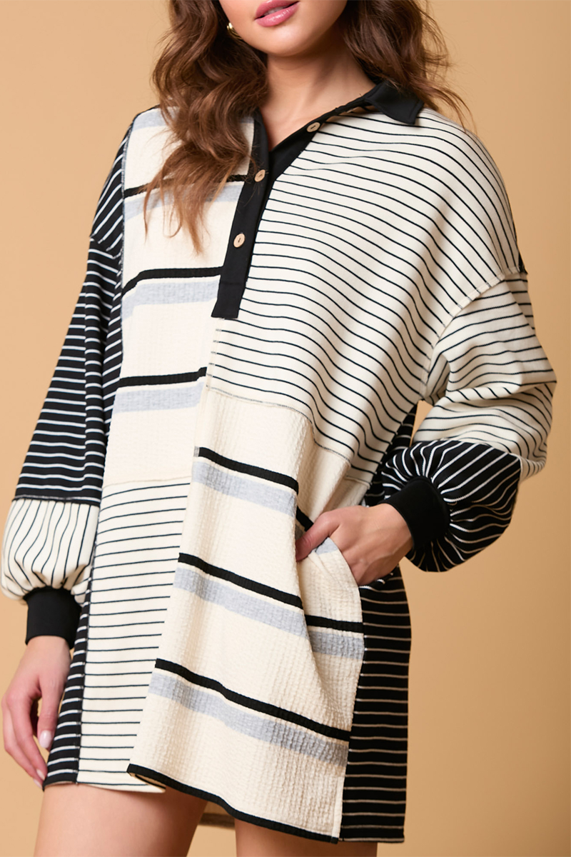 Casual Stripe Pocket Patchwork Contrast Turndown Collar Long Sleeve Dresses