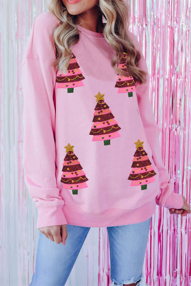 Casual Christmas Tree Embroidered Sequins O Neck Sweats