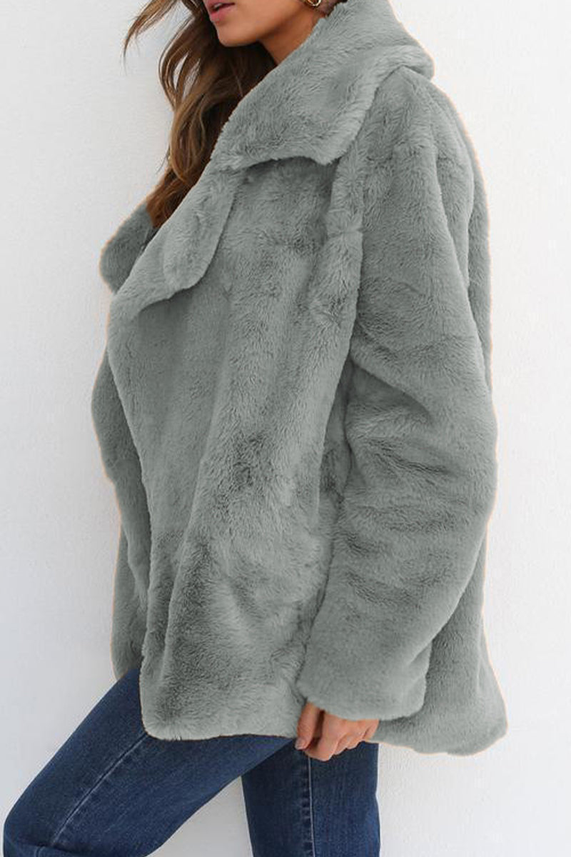 Casual Patchwork Fluffy Turndown Collar Outerwear(7 Colors)