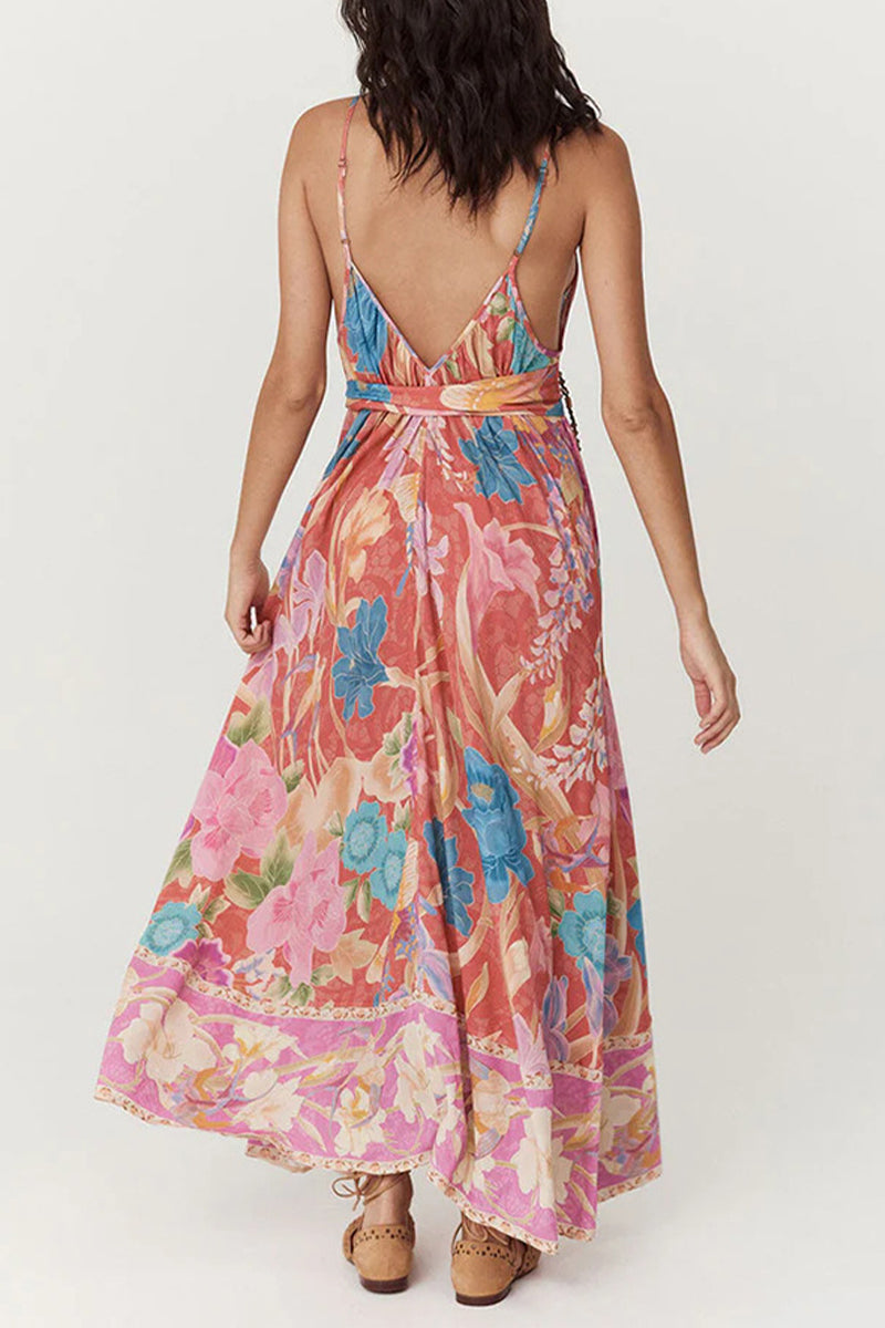 Sexy Vacation Floral Print Backless Contrast V Neck Printed Dresses