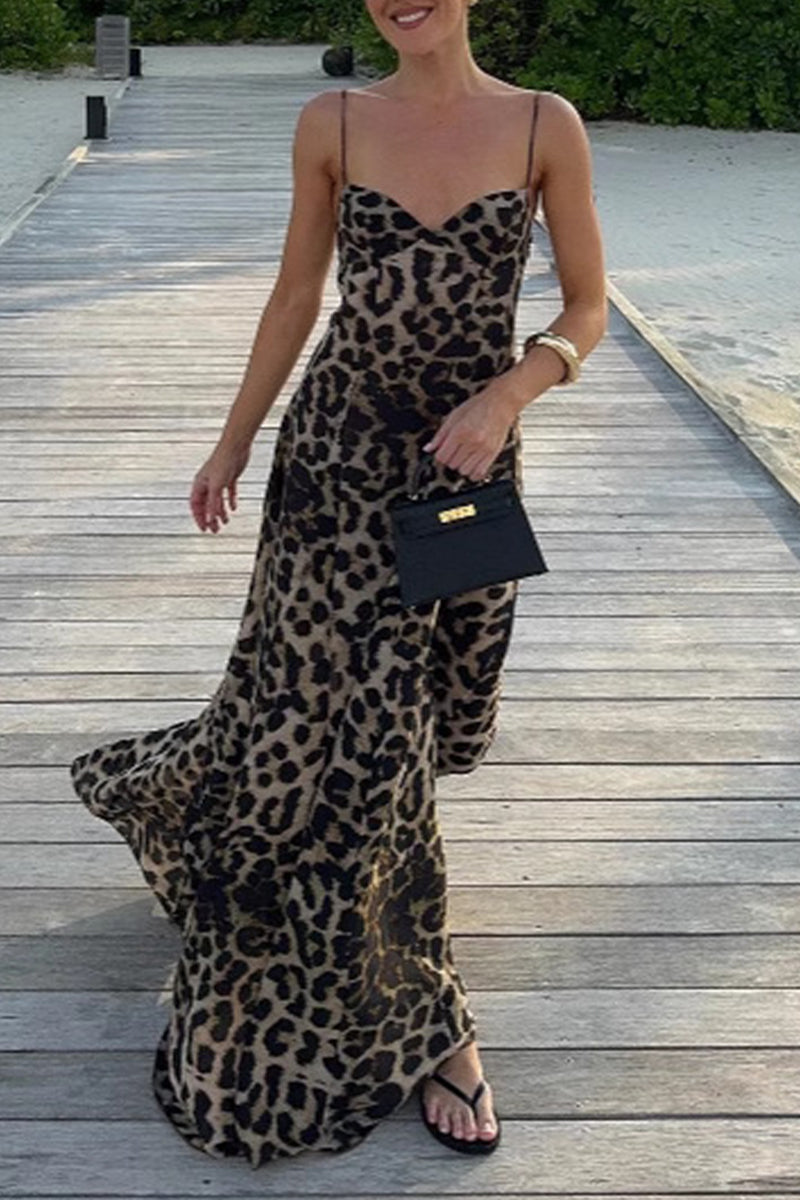 Sexy Leopard V Neck Long Dresses