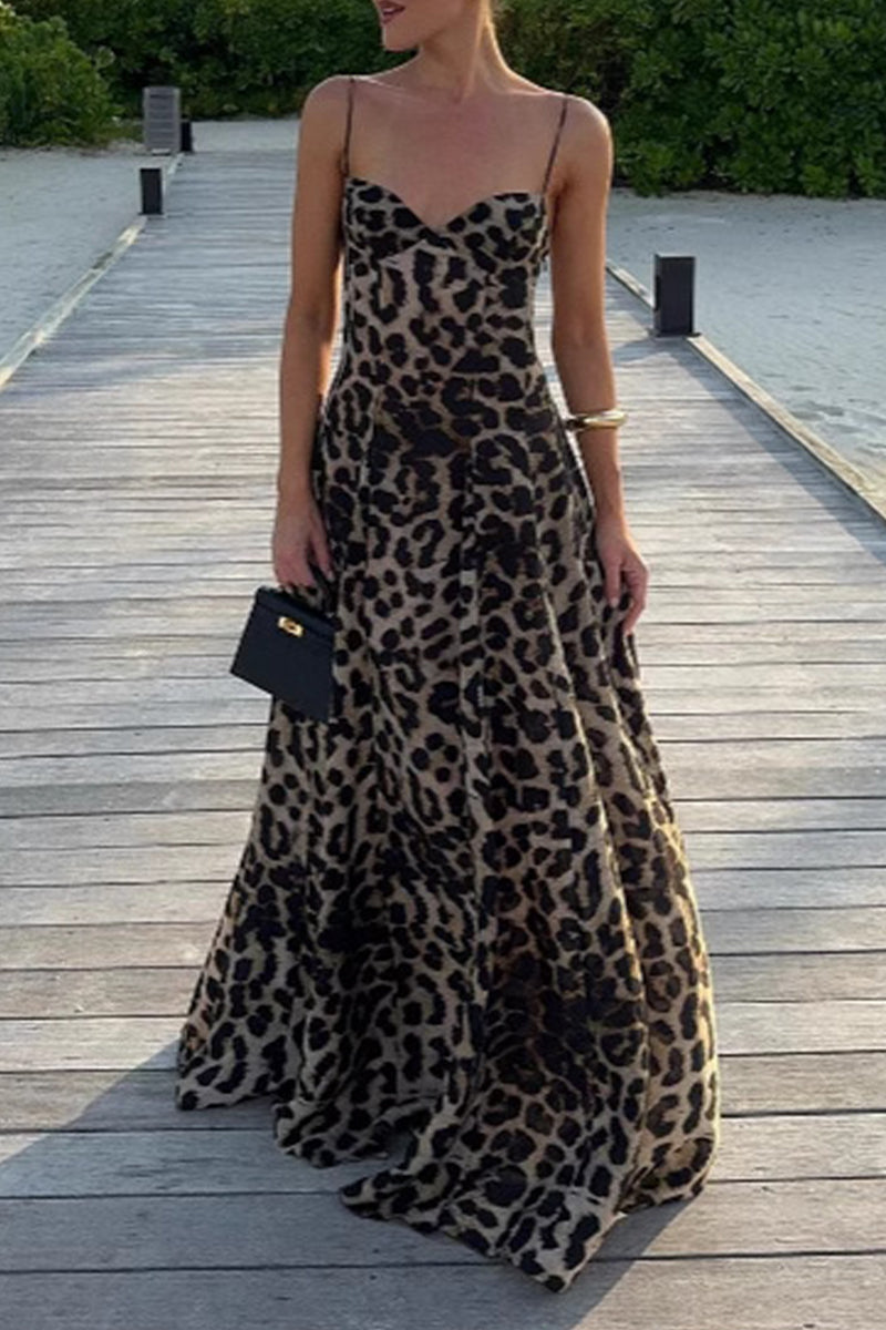 Sexy Leopard V Neck Long Dresses