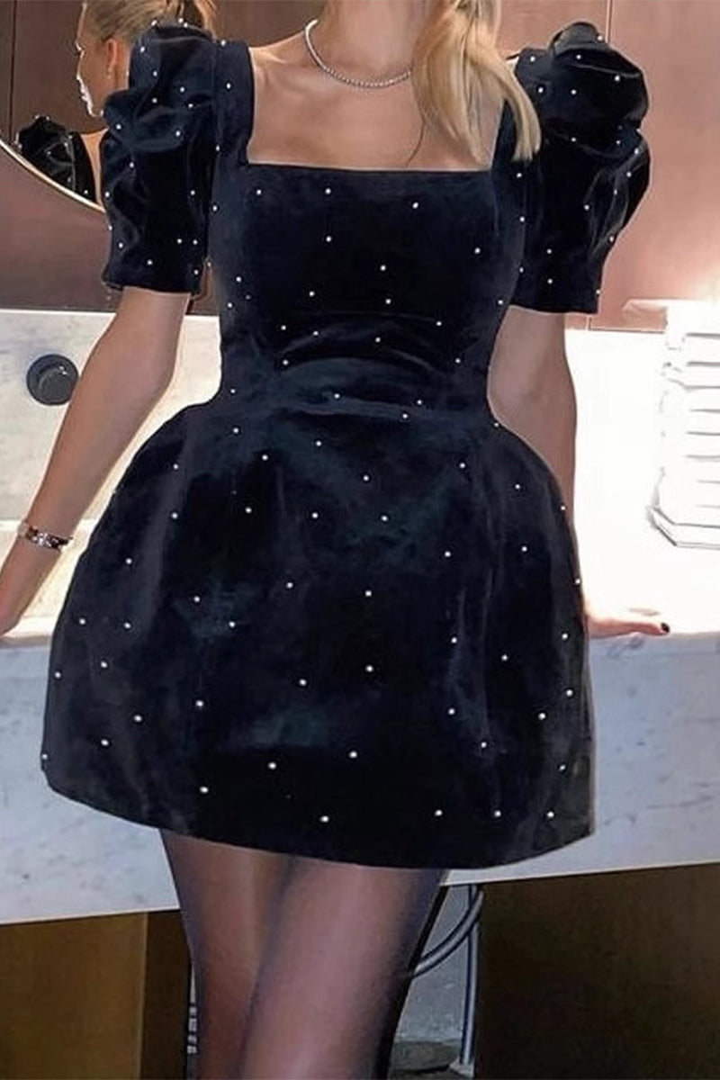 Elegant Pearls Decor Square Neck Princess Short Sleeve Dress