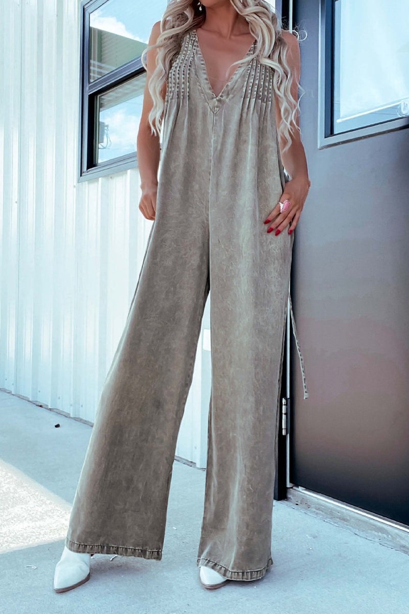 Casual Distressed Pocket Adjustable V Neck Loose Jumpsuits