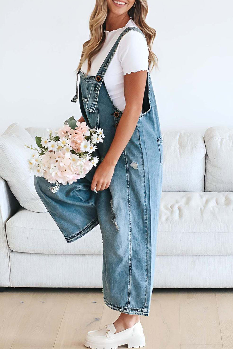 Casual Distressed Buttons Square Neck Sleeveless Loose Denim Jumpsuits