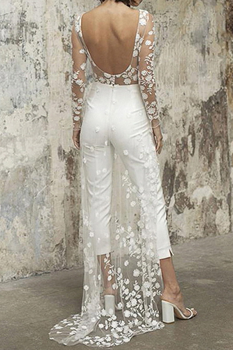 Sexy Lace Patchwork O Neck Straight Jumpsuits