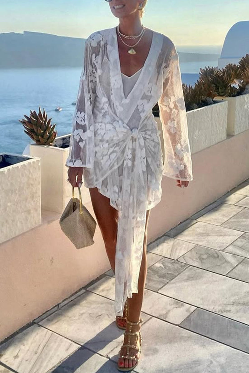 Sexy Vacation Flowers Lace Lace Up Swimwears Cover Up