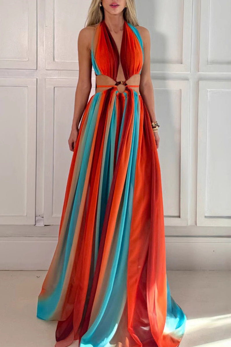 Sexy Stripe Patchwork Backless Contrast Halter Long Dresses