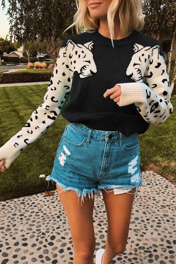 O Neck Long Sleeve Animal Prints Sweaters(3 Colors)