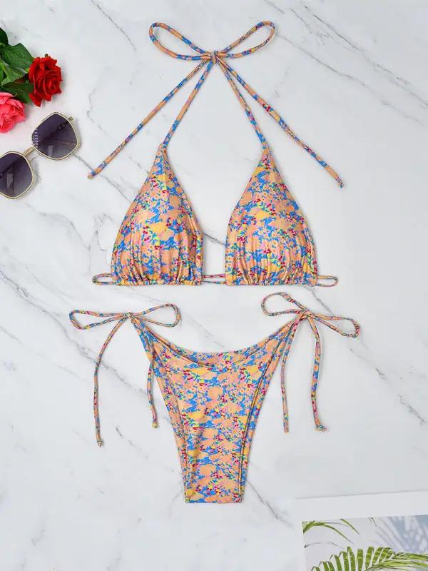 Small floral lace-up bikini beach sexy split swimsuit